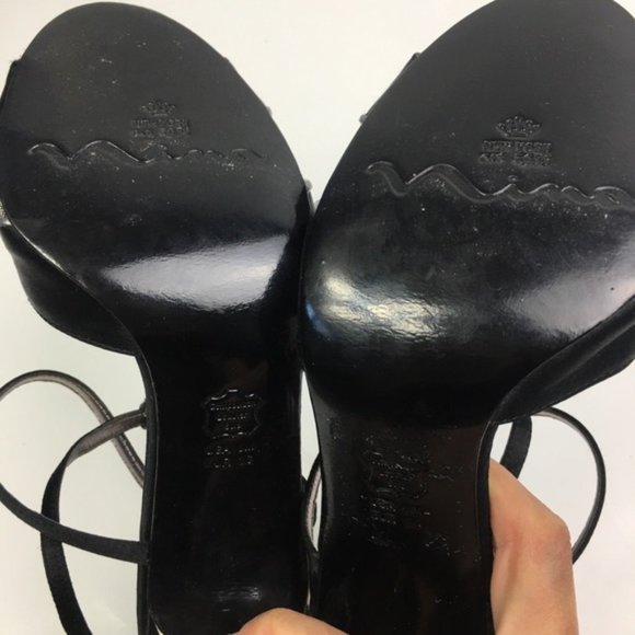 Nina Black/Silver Satin Jewel Heel Peep-Toe Pumps - Picture 5 of 12